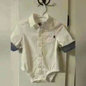 Baby Bgosh white collar button up onesie with cuffed denim sleeve size 3m EUC